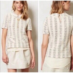 Anthropologie Postmark Tweed Blouse Cream Peter Pan Collar Size Medium Office